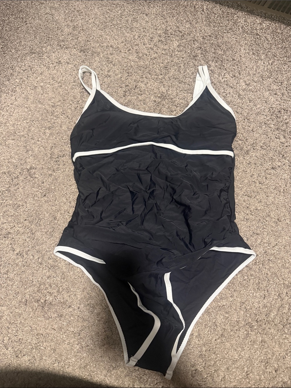 Classic Black One-Piece Swimsuit with White Trim. Tummy control. NWT